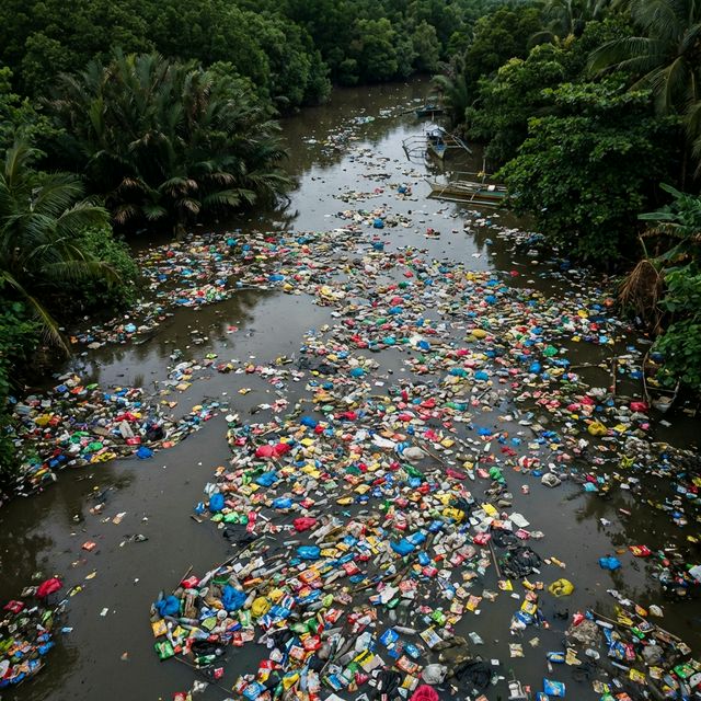 River polluted with sachets